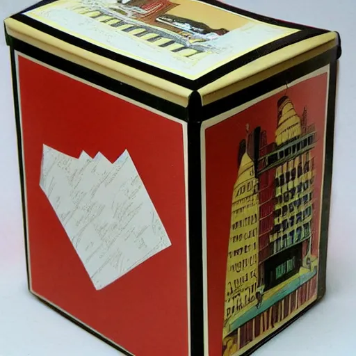 Image similar to vintage craft paper gift box for men, old school, wes anderson style, sealed with old wax