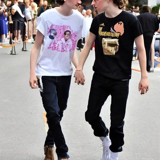 Image similar to timothee chalamet wearing a timothee chalamet tshirt while kissing timothee chalamet