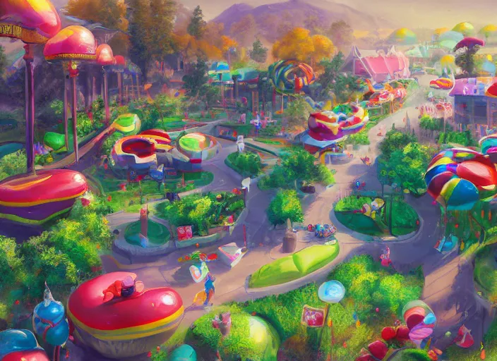 Prompt: candy park for a game candy themed, top angle, oil painting by jama jurabaev, extremely detailed, brush hard, artstation, for aaa game, high quality, brush stroke