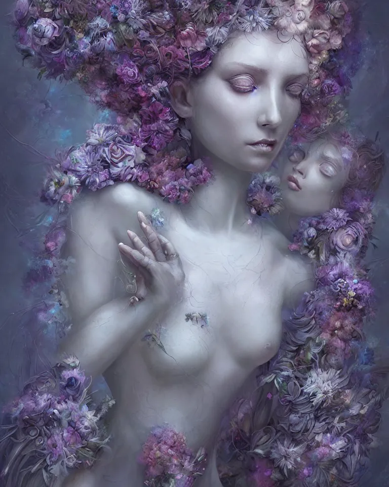 Image similar to a digital painting of interlaced gorgeous etherial female sculptures, made of mist, made of flowers, Andrew Ferez, Charlie Bowater, Marco Mazzoni, Seb McKinnon, Ryohei Hase, Alberto Seveso, Kim Keever, trending on cgsociety, featured on zbrush central, new sculpture, mystical