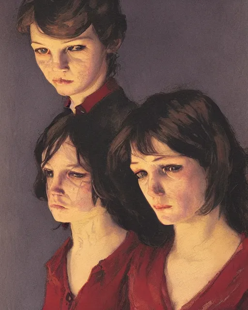 Image similar to two beautiful but creepy siblings wearing oxford shirts in layers of fear, with haunted eyes and dark hair, 1 9 7 0 s, seventies, wallpaper, a little blood, morning light showing injuries, delicate embellishments, painterly, offset printing technique, by brom, robert henri, walter popp