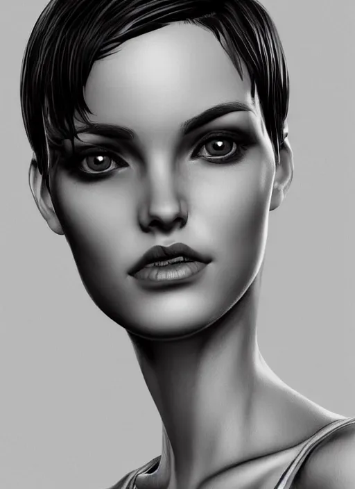Image similar to up close portrait of a beautiful woman in black and white, photorealistic, pixie cut, intricate hair, upper body, art by diego fazio and diegoKoi and oscar Ukono, concept art, sharp focus, artgerm, 8k highly detailed