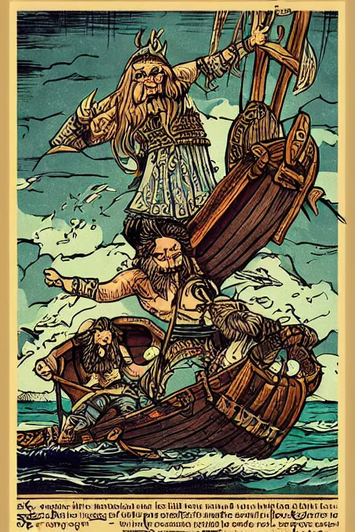 Image similar to “Poster of Vikings in a viking boat on the ocean fighting with sea monster. Retro caricature.”