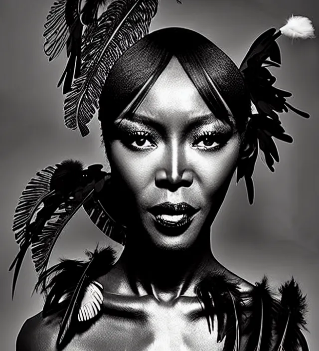 Prompt: mystery film scene starring naomi campbell backlight filmnoir lighting, natural fragile pose, great _ hairstyle, wearing stunning dress with feathers by iris van herpen, with a colorfull makeup. highly detailed, skin grain detail, photography by paolo roversi, amano, nick knight, helmut newton, avedon, araki