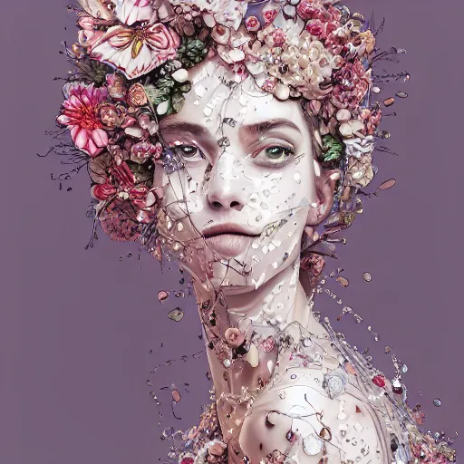 Image similar to the portrait of an absurdly beautiful, graceful, elegant, sophisticated, fashionable young woman made of strawberries and white petals with tears, an ultrafine hyperdetailed illustration by kim jung gi, irakli nadar, intricate linework, bright colors, octopath traveler, final fantasy, unreal engine 5 highly rendered, global illumination, radiant light, detailed and intricate environment