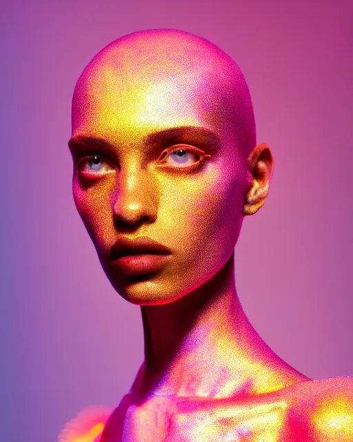 Prompt: hyperrealist highly intricate post-gothic portrait pink pearlescent exoskeleton beautiful goddess concept art pascal blanche key sage dramatic yellow lighting 8k high angle shallow depth of field