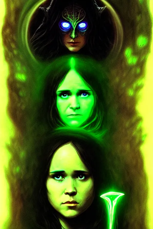 Image similar to ellen page as a dark sorceress with yellow glowing eyes casting a green spell, green lighting, fantasy character portrait, ultra realistic, concept art, intricate details, highly detailed by james bama, william adolphe bouguereau and frank frazetta