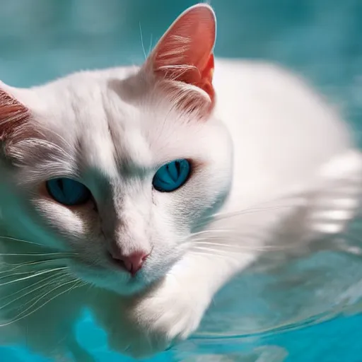 Prompt: white cat with blue eyes on a float in the pool
