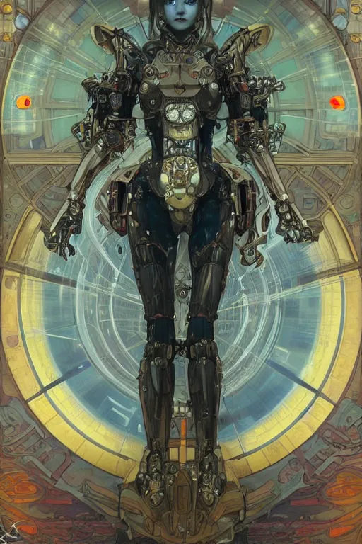 Prompt: realistic detailed portrait of a humanoid mecha cyberpunk! goddess by Alphonse Mucha and Charlie Bowater, rule of thirds, golden ratio, Art Nouveau cyberpunk! style, mechanical accents!, mecha plate armor, glowing LEDs, flowing wires with leaves, rich deep moody colors