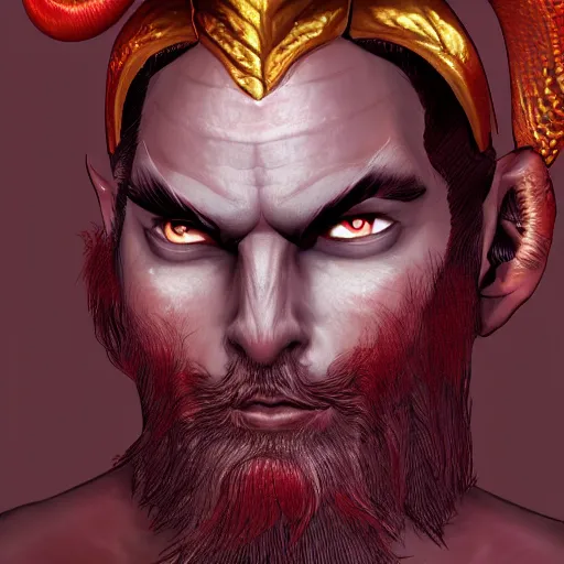 Image similar to dnd render of a male tiefling, red scales, a big black beard, completely golden eyes, 1 curved horn growing out of his forehead, one broken horn growing out of his forehead,