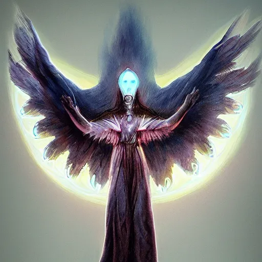 Image similar to giant imposing seraphim with many eyes and many wings, glowing, terrifying