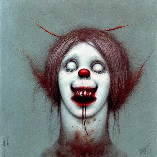 Image similar to cute young female sadistic clown by beksinski