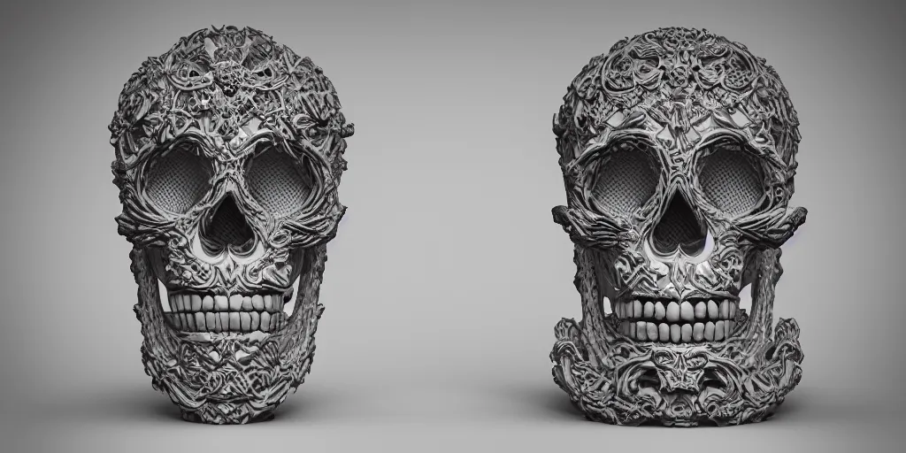 Image similar to curly gothic baroque tiki skull head , intricate ornate marble carving, white background, sculpture, hyper-realistic, micro details, focused, dramatic, sophisticated, soft surface, professional photography, overhead dramatic light, medium-shot, 3d art, artstation, CGsociety, 3d render, environmental key art, octane render, weta digital, 3d sculpture, structure, render in octane, unreal engine, ray trace 4k, cinematic ,dynamic light, amazing details, beautiful ,