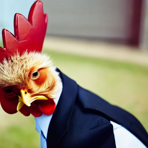Image similar to a high quality photo of a chicken wearing a suit, 8k, Greg Rutkowsky