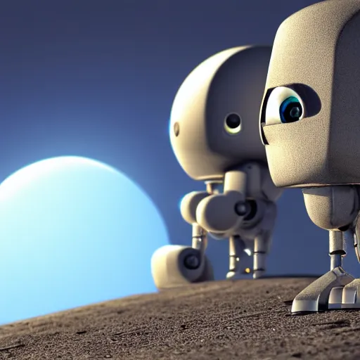 Prompt: blue godot robot ponders looking up at the moon, thinking, vray