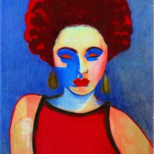 Prompt: Woman model appearance, in the colors of Russian folk art, red hair, coral lips blue shadow, style Edward Hopper