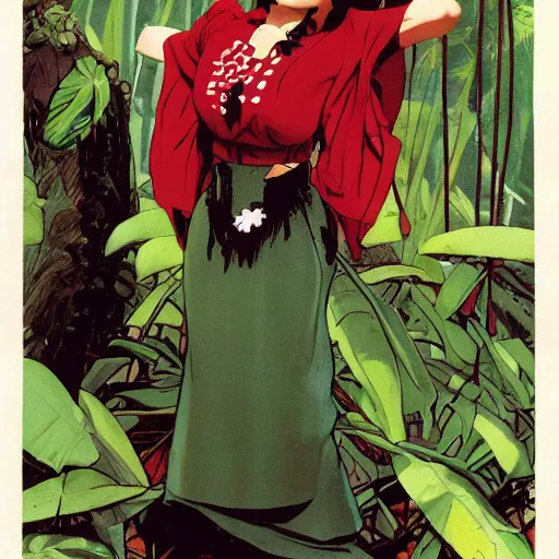 Image similar to a howard chaykin of reimu in the jungle wearing bonnet