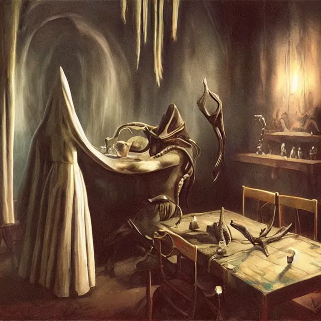 Prompt: a strange creature greeting a female explorer in a dining room, haunted house, masterpiece, rhads!!!, magical realism, urban fantasy, a hooded figure, a fierce woman, ( h. r. giger )