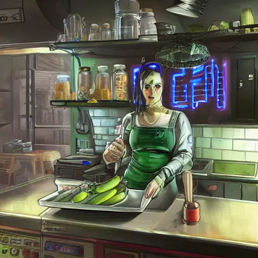 Prompt: realistic pickles in a cyberpunk kitchen