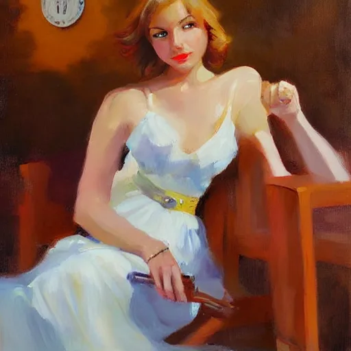 Image similar to woman with a gun painting by Vladimir Volegov