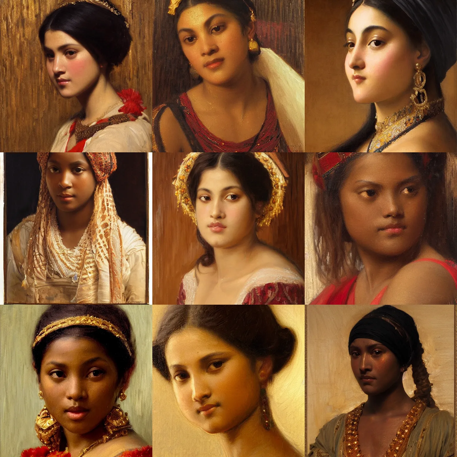 Prompt: orientalism painting of a cute noblewoman brown skin face detail by edwin longsden long and theodore ralli and nasreddine dinet and adam styka, masterful intricate art. oil on canvas, excellent lighting, high detail 8 k