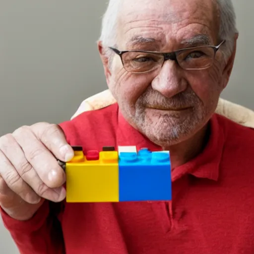 Image similar to an old man holding up a lego figure to the camera