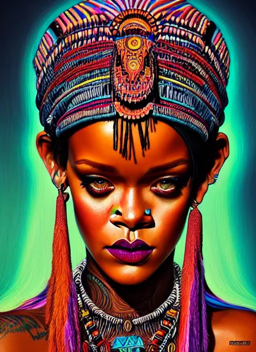Image similar to portrait of rihanna, hyper detailed ultra sharp aztec shaman warrior. trending on artstation, warpaint aesthetic, bloodwave, colorful, psychedelic, ornate, intricate, digital painting, concept art, smooth, sharp focus, illustration, art by artgerm and greg rutkowski and h. r. giger, 8 k
