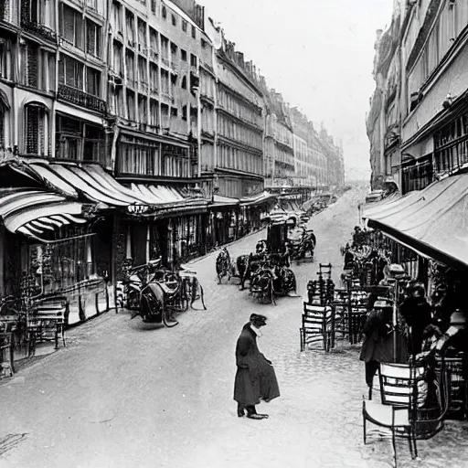 Prompt: une rue de paris vide avec des voitures garees, un restaurant avec une terrasse, des boutiques avec des neons, en debut de matinee en 1 9 0 5