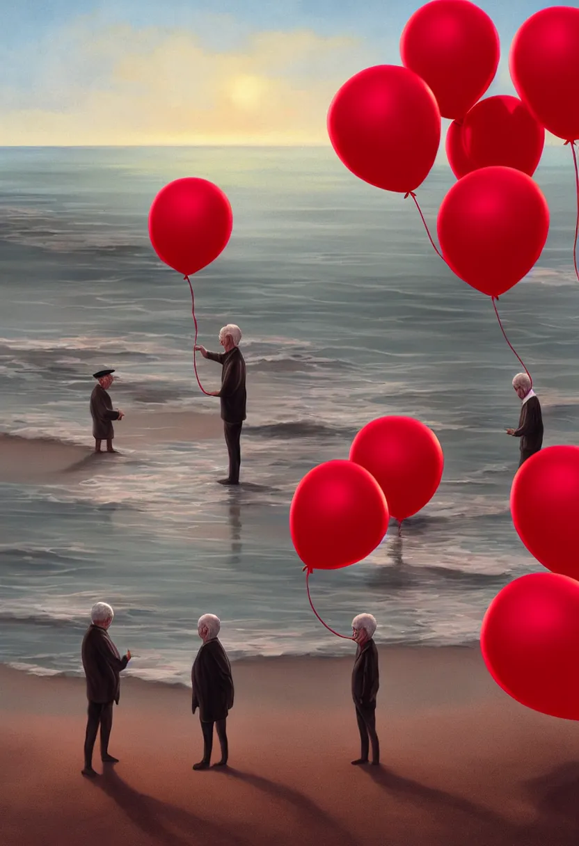 Image similar to lonely old men on the beach, holding red balloons. extremely high fidelity, 8 k, super resolution, cinematic view, super resolution, epic, hyperdetailed, digital painting, artstation, concept art, smooth, sharp focus, octane render, dramatic lighting, art by artgerm and greg rutkowski and alphonse mucha and wlop