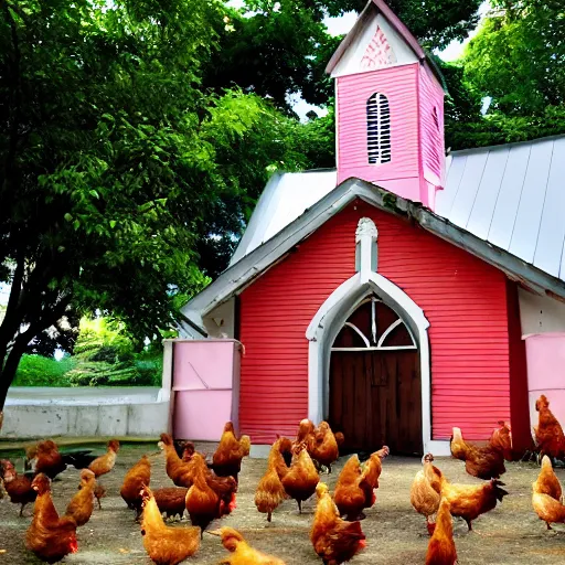 Image similar to beautiful church that looks like a kid, chickens are everywhere