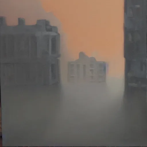 Image similar to man waking up to realize that the world is over and all that is left is ashes all around him. the reddish orange sun creates a gray haze that illuminates all the fallen buildings oil painting 1 5 0 mpx