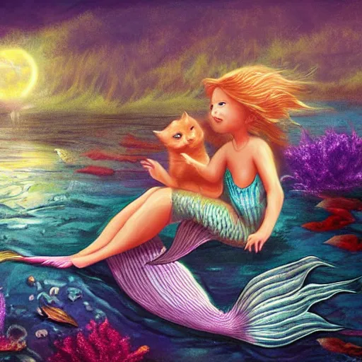 Image similar to a mermaid meets a kitten, fantasy illustration,