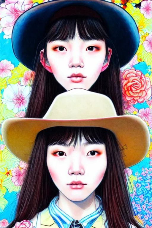 Image similar to taiwanese girl wearing cowboy hat, style of yoshii chie and hikari shimoda and martine johanna, highly detailed