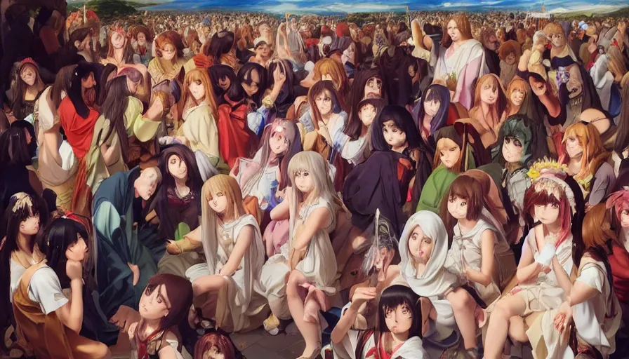 Image similar to jesus christ surrounded by cute anime girls, photorealistic, anime, mini skirt, neko, cat ears, renaissance painting, hyper real, detailed, wide angle shot, ultra detailed