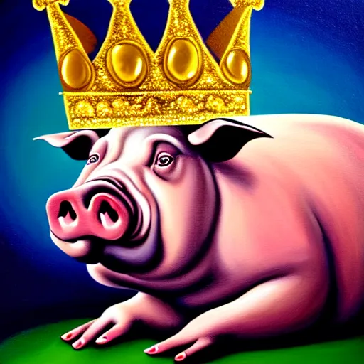Prompt: A vibrant painting with dramatic lighting of a morbidly obese pig wearing a gold crown eating out of a potato chip bag