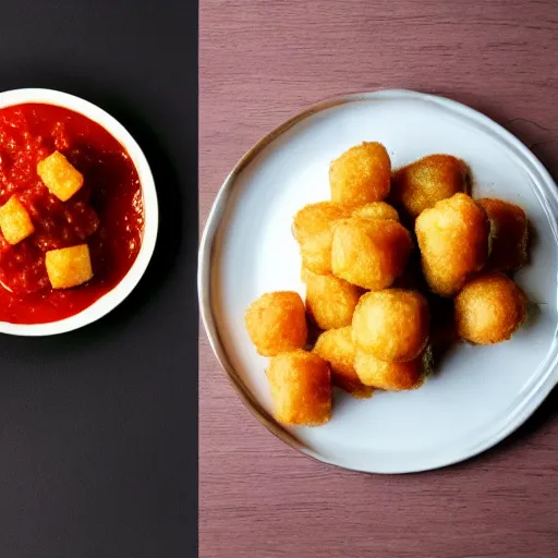 Image similar to food photo of channing tatum's face on top of giant tater tot on a plate with ketchup