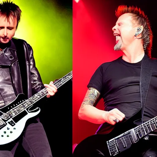 Image similar to matt bellamy from muse and james hetfield from metallica playing on stage, 2 0 1 5 live music video