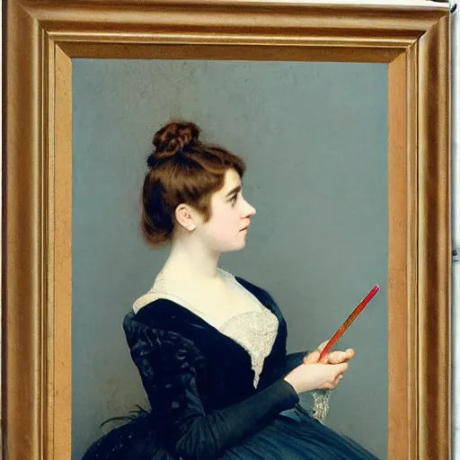 Image similar to young victorian lady in ball gown, absent - minded chewing on the end of a pencil, painted by alfred stevens