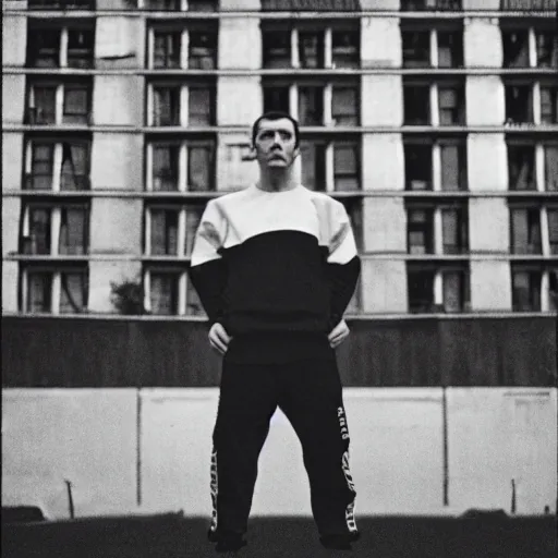 Image similar to gopnik in black adidas tracksuit ,standing in front of a tall Soviet panel building, moody, beautiful composition,35mm film, clouse up , 8k