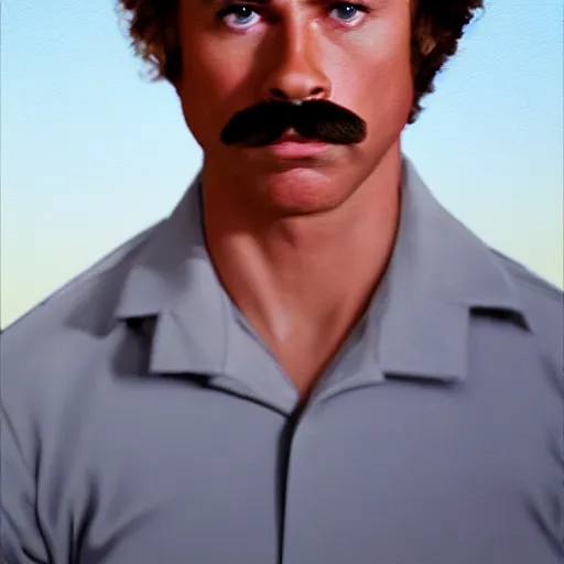 Image similar to film still photo portrait of the lovechild of napoleon dynamite and tom selleck, realistic, hyperrealistic, 8 k resolution, hd quality, very detailed, highly detailed, intricate details, real life, real world, trending on artstation, digital art, really realistic, very realistic, headshot, head in frame, photograph, portrait