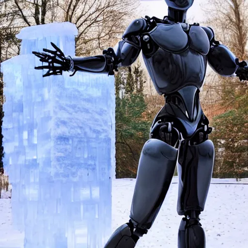 Image similar to made of ice, a realistic detailed photo of a guy who is an attractive humanoid who is half robot and half humanoid, who is a male android, on display, blank stare, showing off his muscles, shiny skin, posing like a statue, by the pool, frozen ice statue, twitch streamer / gamer ludwig, humanoid robot