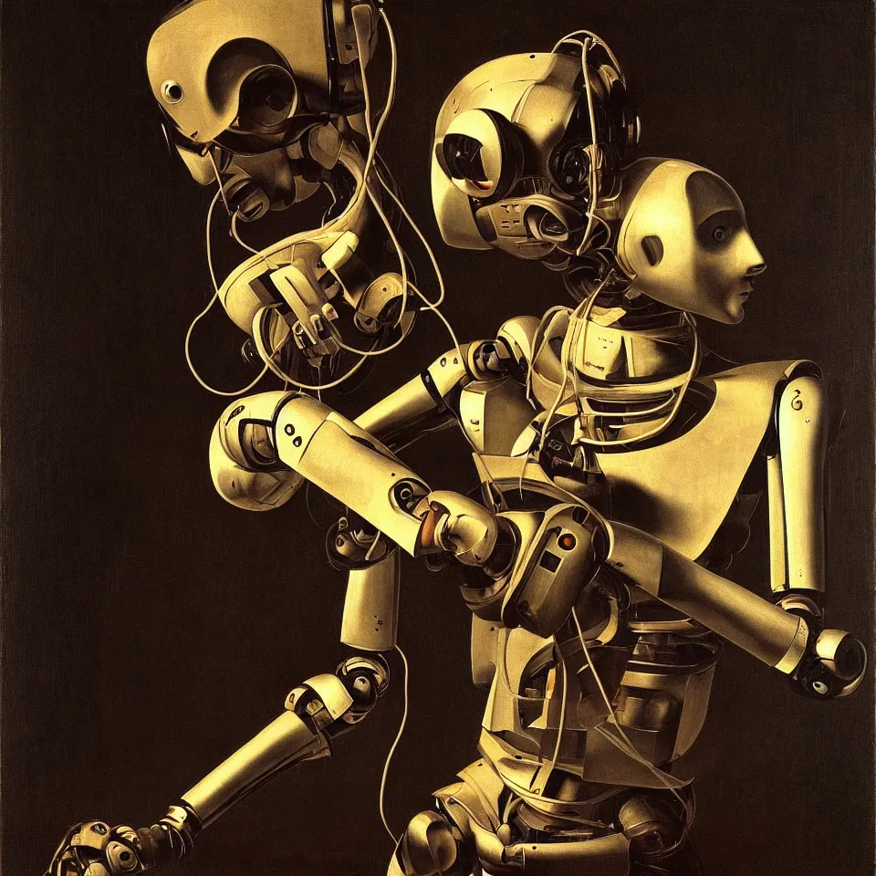 Image similar to robot with a headphone by caravaggio, dynamic lighting, cinematic, epic composition, masterpiece