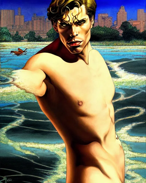 Image similar to a painting of a beautiful man in the river, an ultrafine detailed painting by howard chaykin, by mark brooks, centered full body, featured on deviantart, fantasy art, detailed painting, deviantart, anime