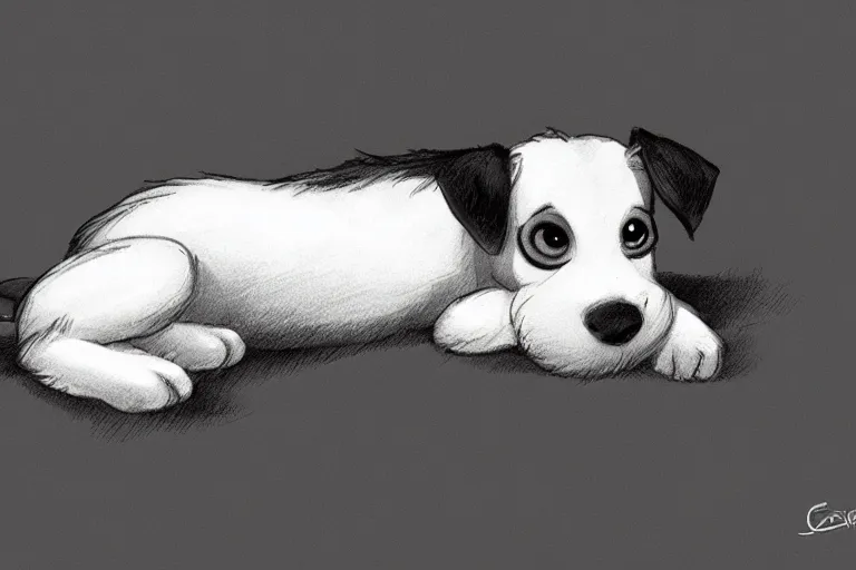 Image similar to cute black and white jack russel terrier laying on dog bed, large round eyes, concept art, game art, character design, fantasy illustration, sketch by cory loftis and bill schwab