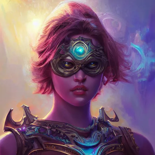 Prompt: portrait of a beautiful female cyclops as an evil paladin in full shining armor, oil painting, digital painting, intricate detail, neon color, artwork by ross tran + craig mullins + raymond swanland, background artwork by steven outram