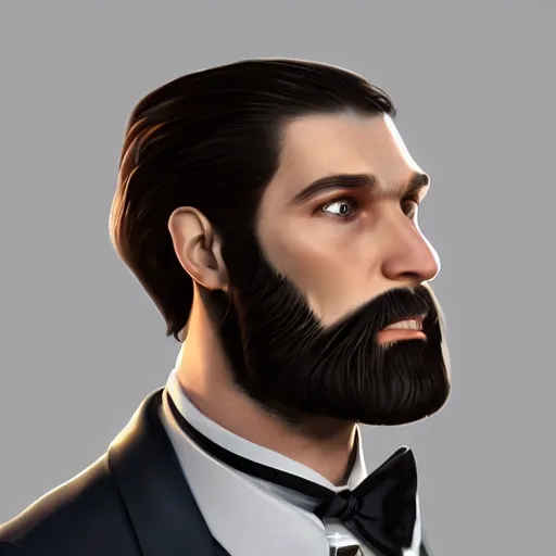 Image similar to a highly detailed portrait of a man, with a brown short beard and hair, blue eyes, wearing a tuxedo, artstation, deviantart, professional, unreal engine 5, photorealistic