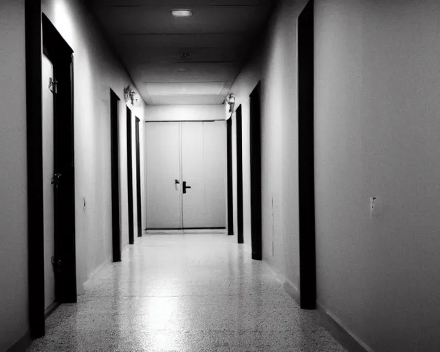 Image similar to an empty partially dark liminal space hallway that looks like the backrooms, photograph, horror