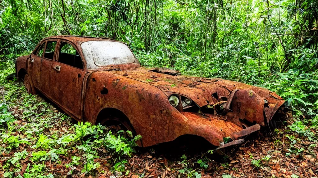 Prompt: A rusted car in a jungle