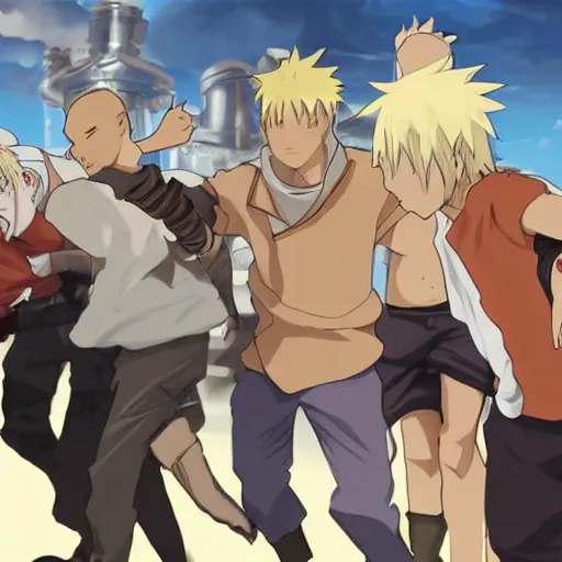 Image similar to young blonde boy fantasy thief in a tavern surrounded by dark skinned friends and light skinned friends, full metal alchemist, anime style