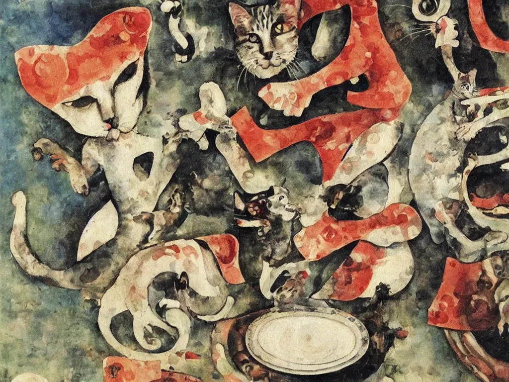 Image similar to cat breaking the china. Painting by Otto Dix